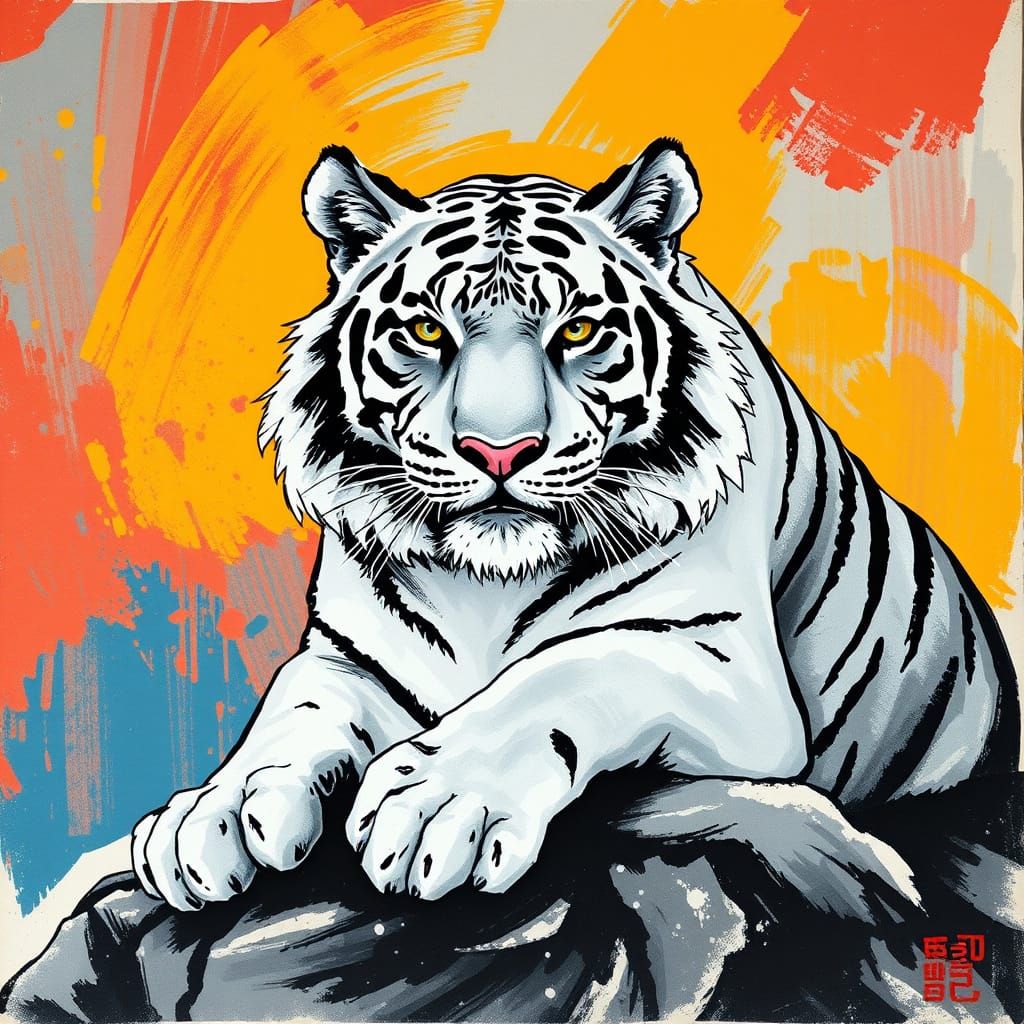 Vibrant White Tiger in Japanese Pop Art