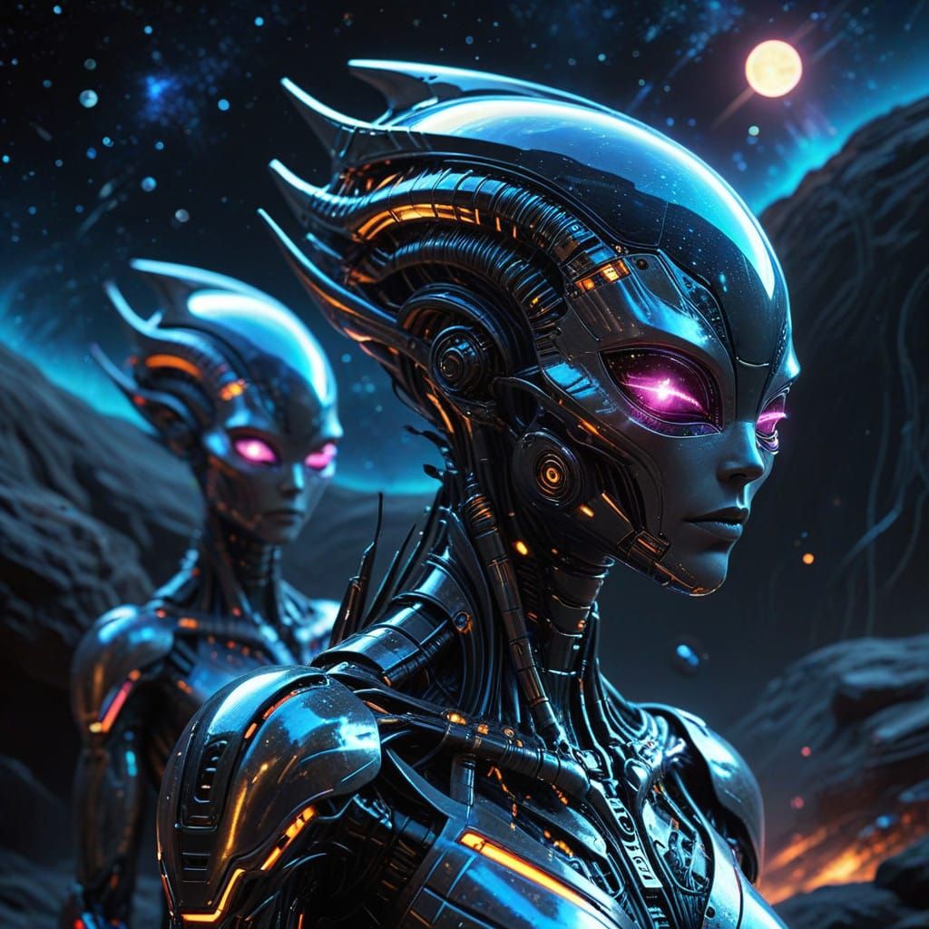 Ethereal Space Beings Illuminate the Cosmos in Vibrant, Neon...