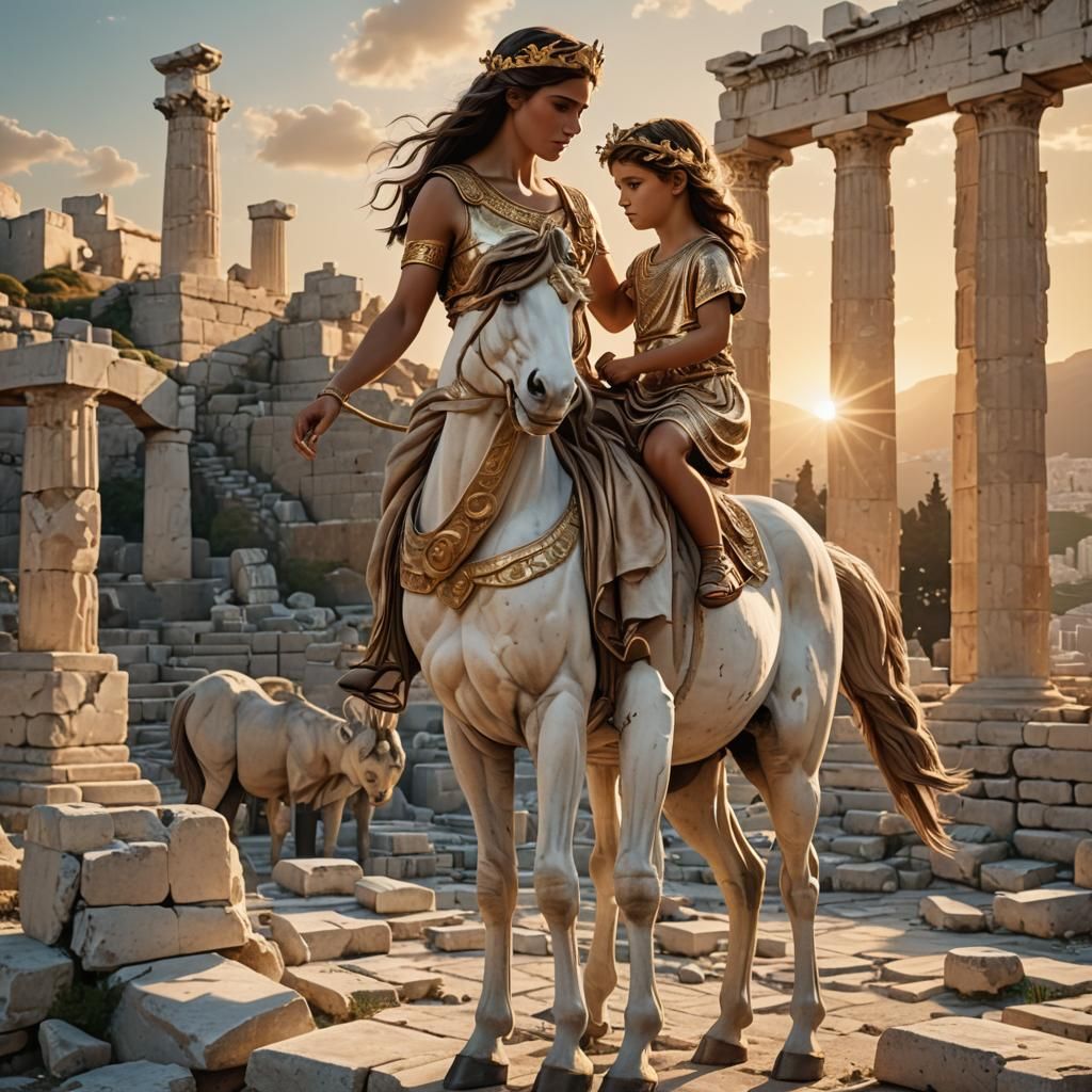 Centaur Family in Acropolis, Hyperrealistic Digital Art