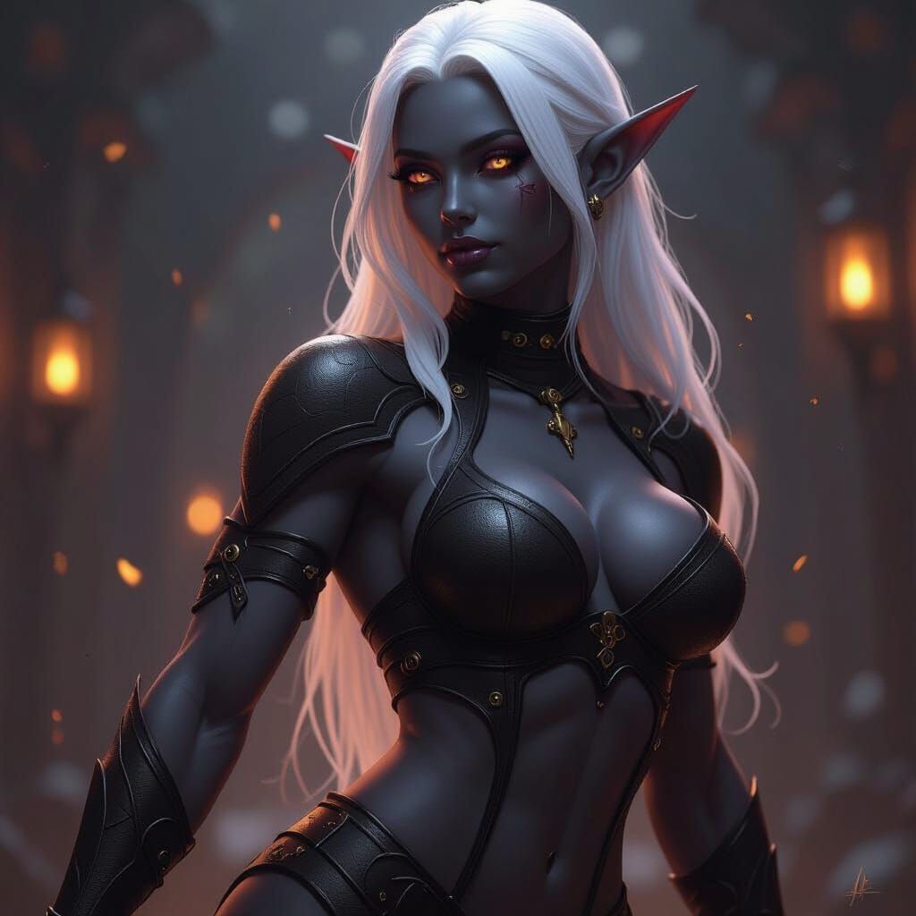 Muscle-Bound Female Drow Elf in Dark Fantasy Concept Art