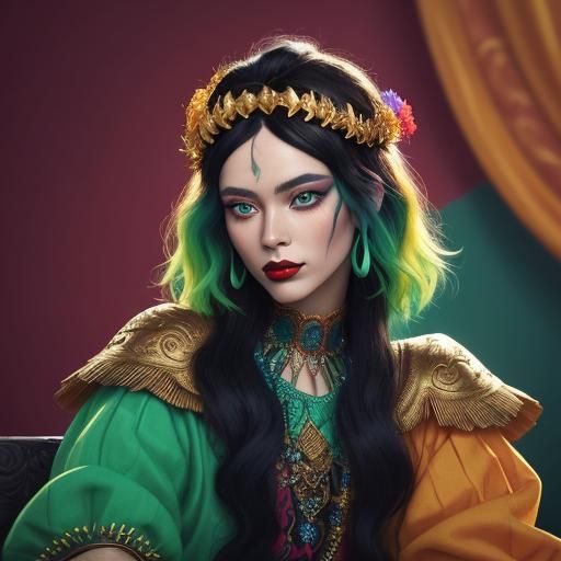 Gold-Skinned Man with Peacock Hair, in Art Deco Style