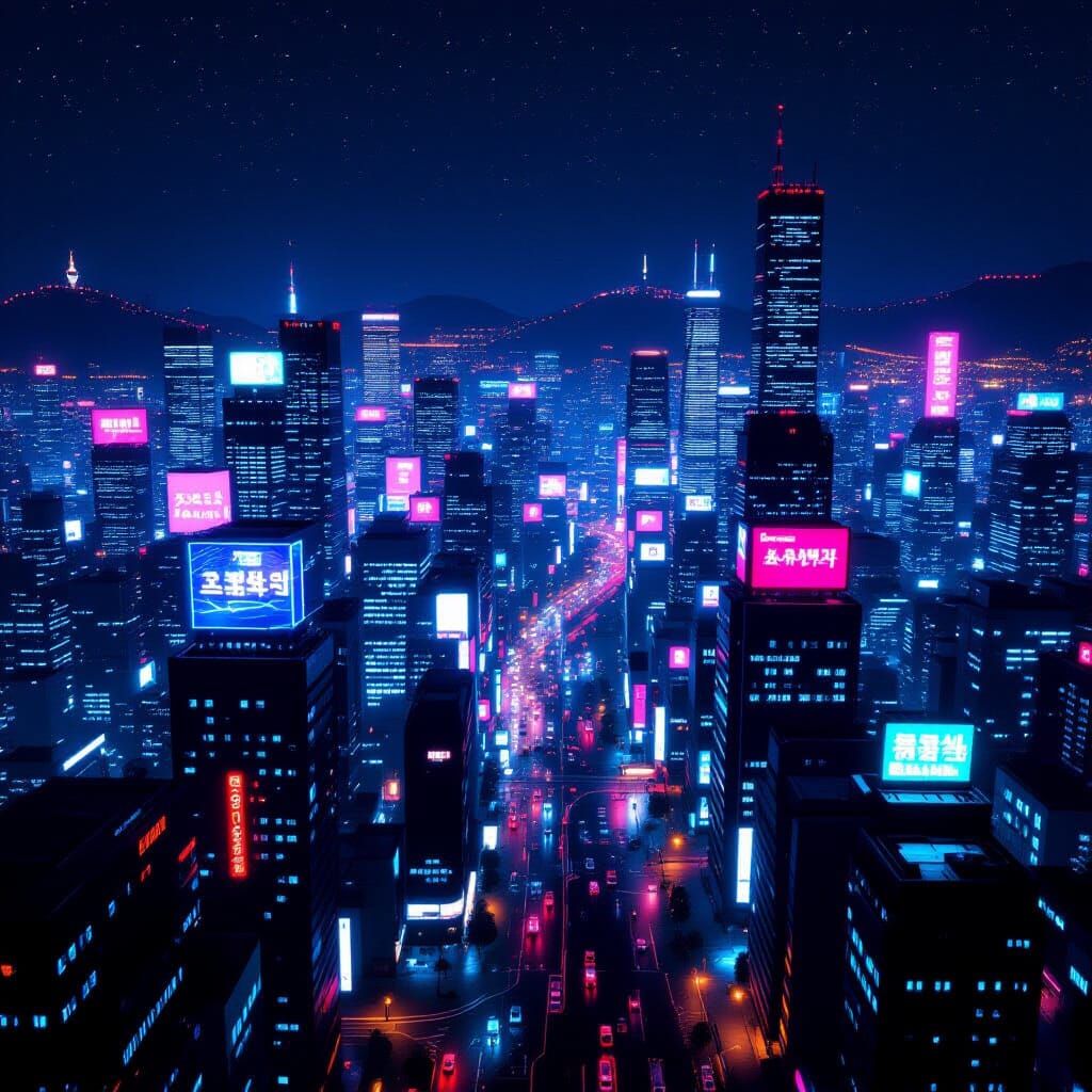 Futuristic Seouldon Aerial View with Neon Lights