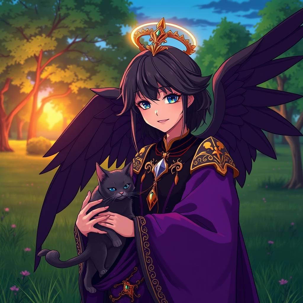 Benevolent Dark Angel Assists a Cat: Anime Style