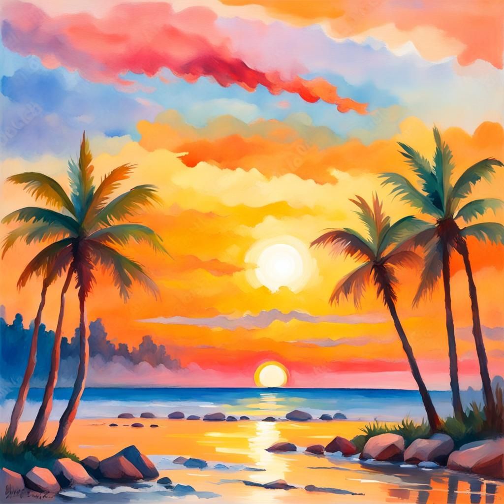 Impressionist Sunset Gouache Watercolor Painting