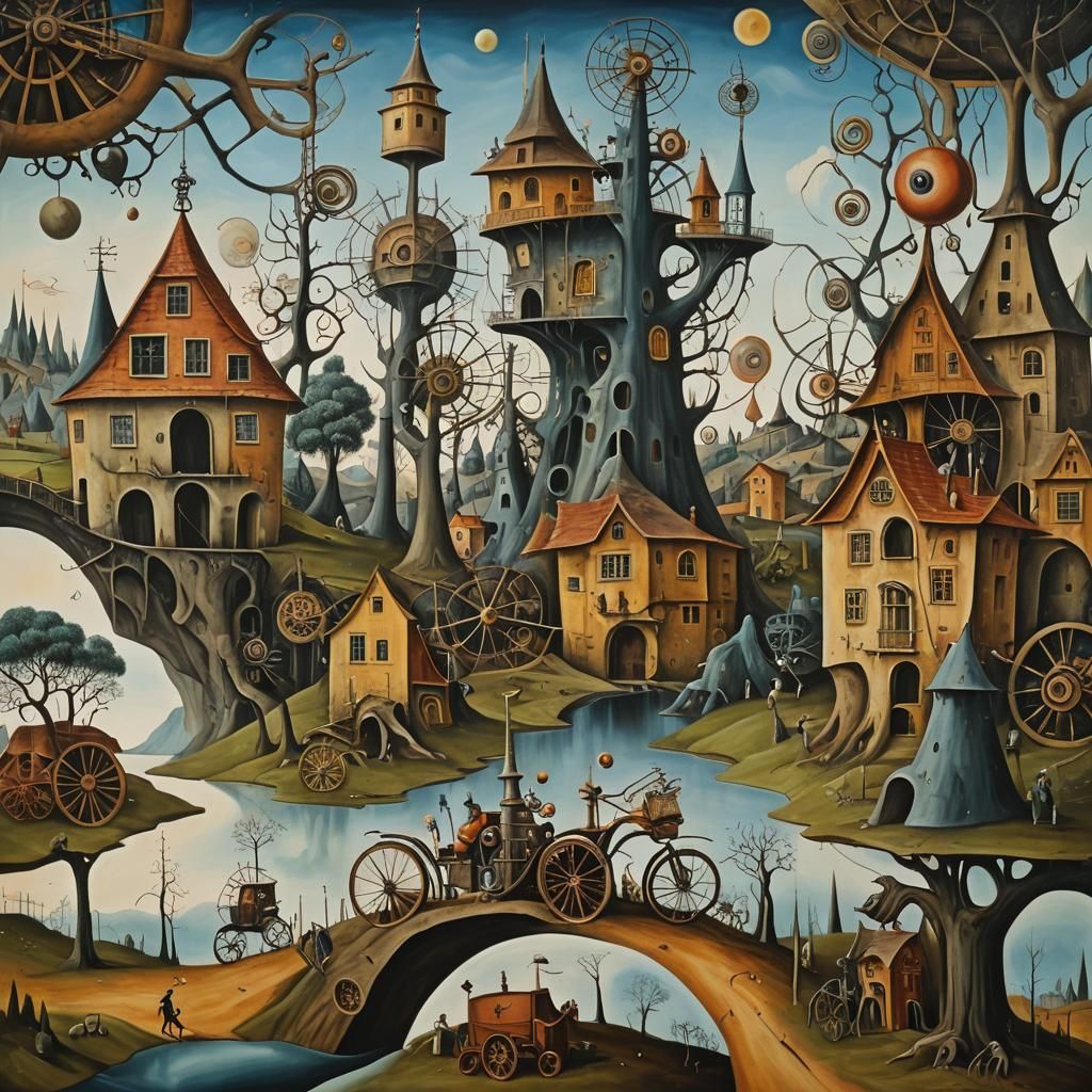 Surreal Oil Painting of Strange Creatures in Dreamscape