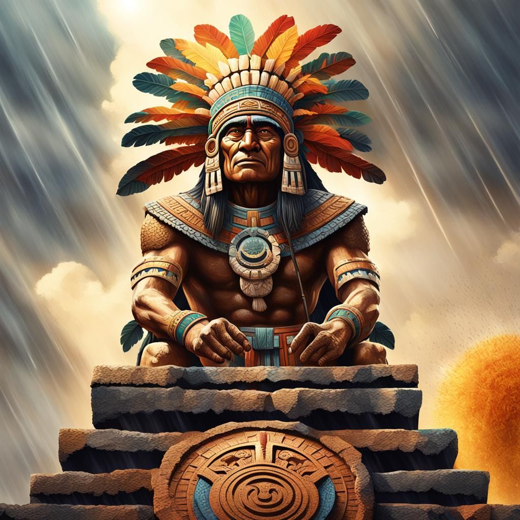 Aztec Chief on Pyramid in Hyperrealistic Style