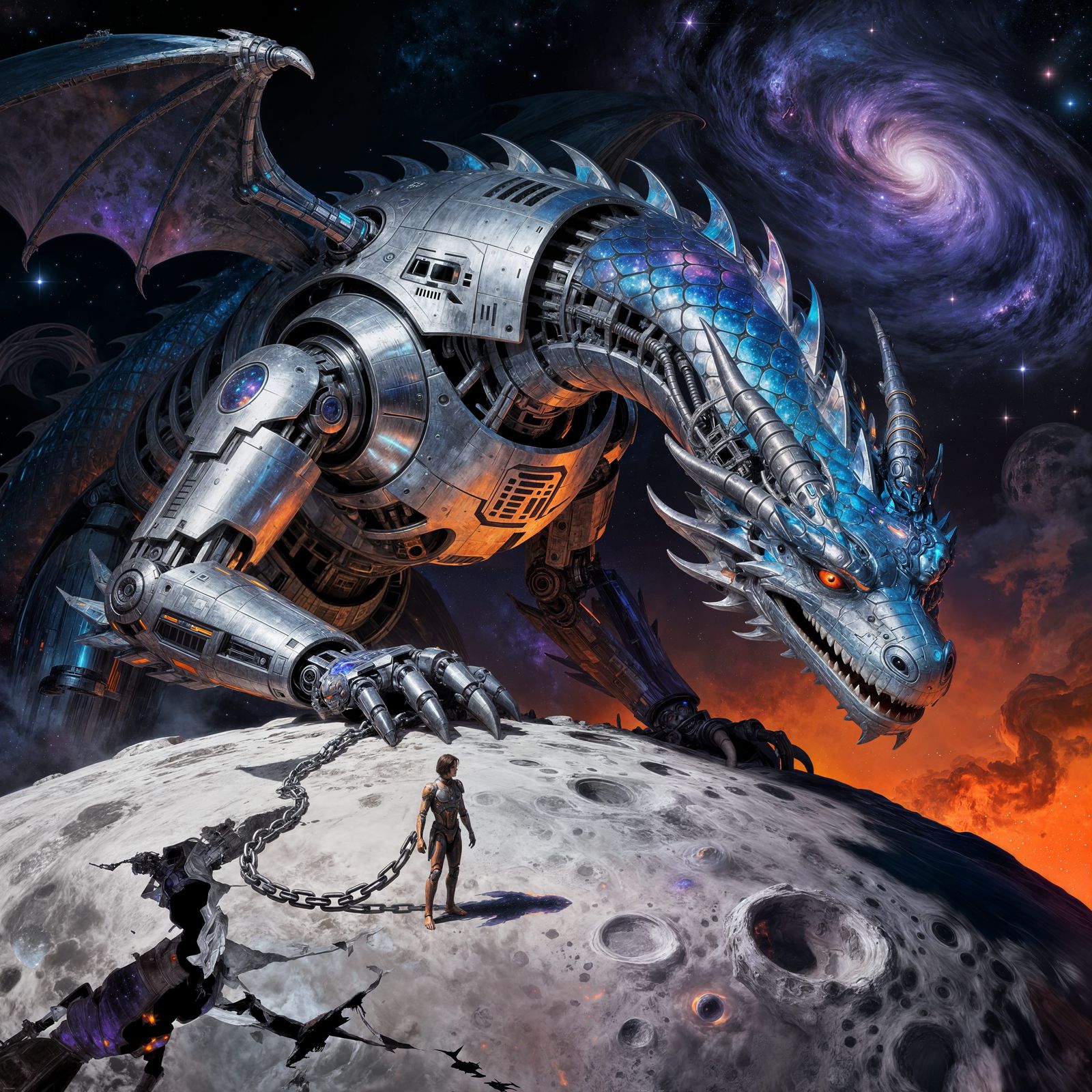 Giant Cosmic Robot Chains Human on Shattered Moon