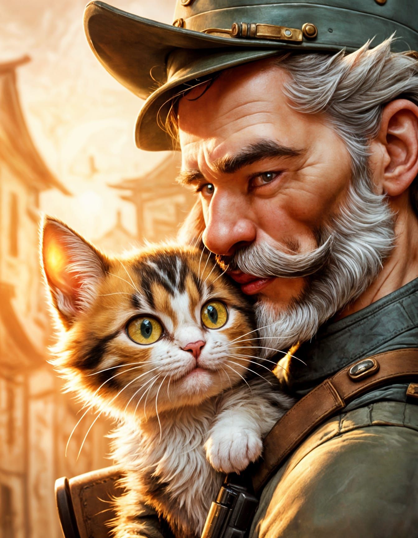 Comical Militiaman Nuzzles Kitten