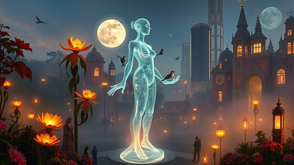 Ethereal Sculpture of Light and Water in Fantasy Landscape