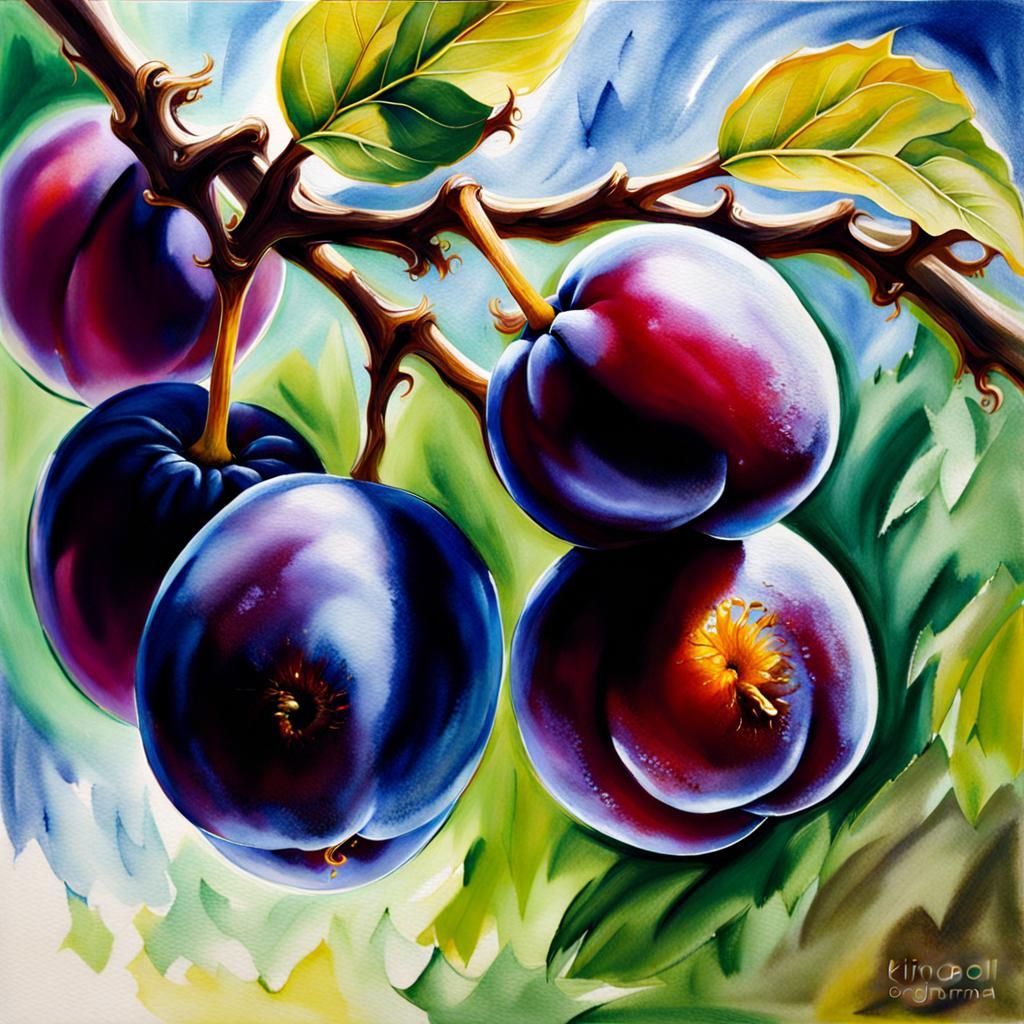 Plums on Branch, Sharp Focus, Impressionist Painting