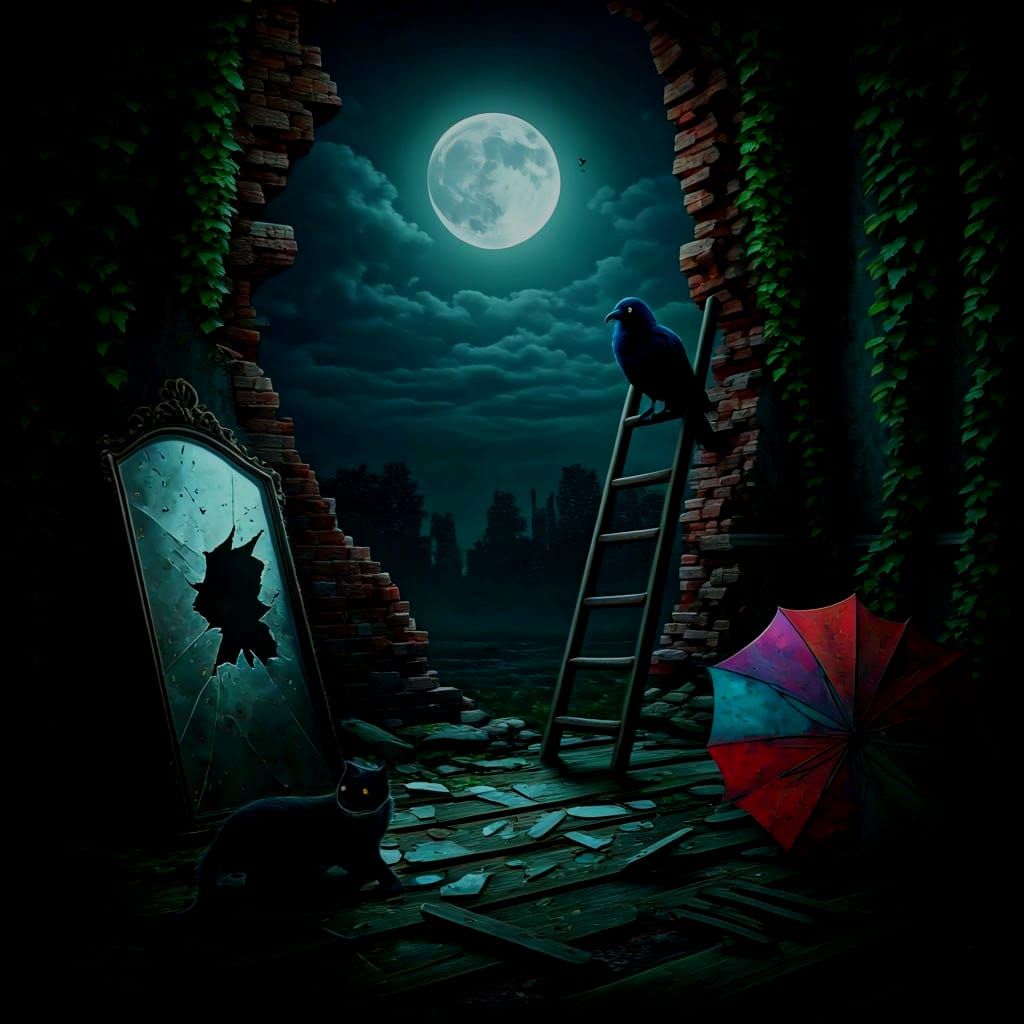 Moonlit Demolition with Raven, Cat, and Ladder