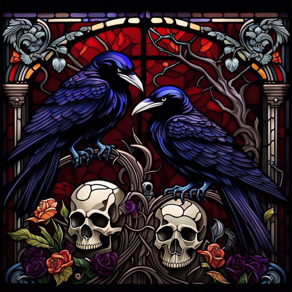 Gothic Stained Glass Window with Ravens and Skulls
