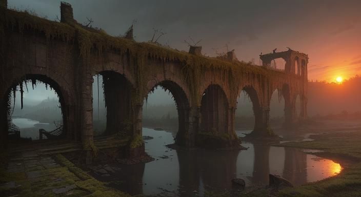 Sinister Sunset Over Mossy Ruined Bridge