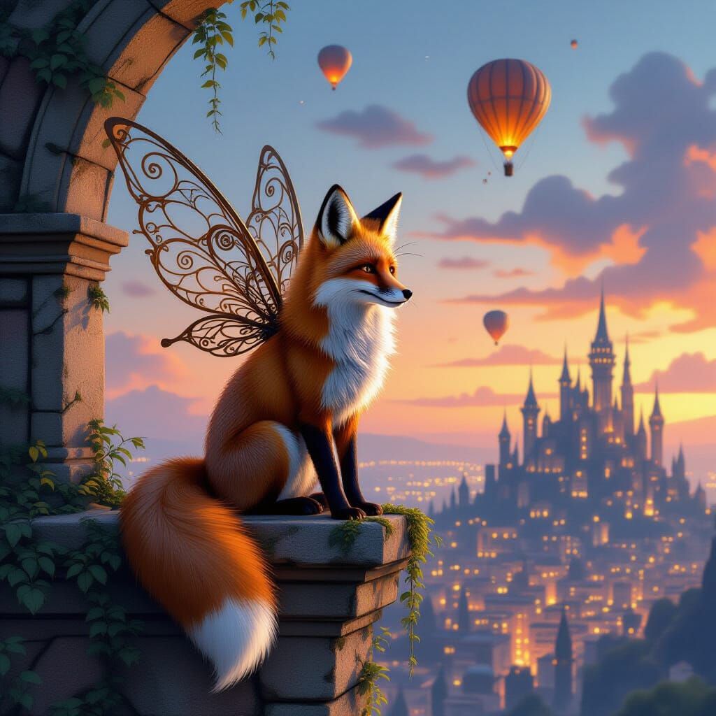 Whimsical Fox With Mechanical Wings Over Steampunk City