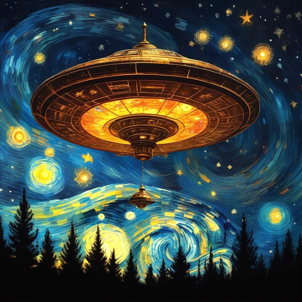 Clockwork UFO in a Starry Night Sky as Van Gogh Painting