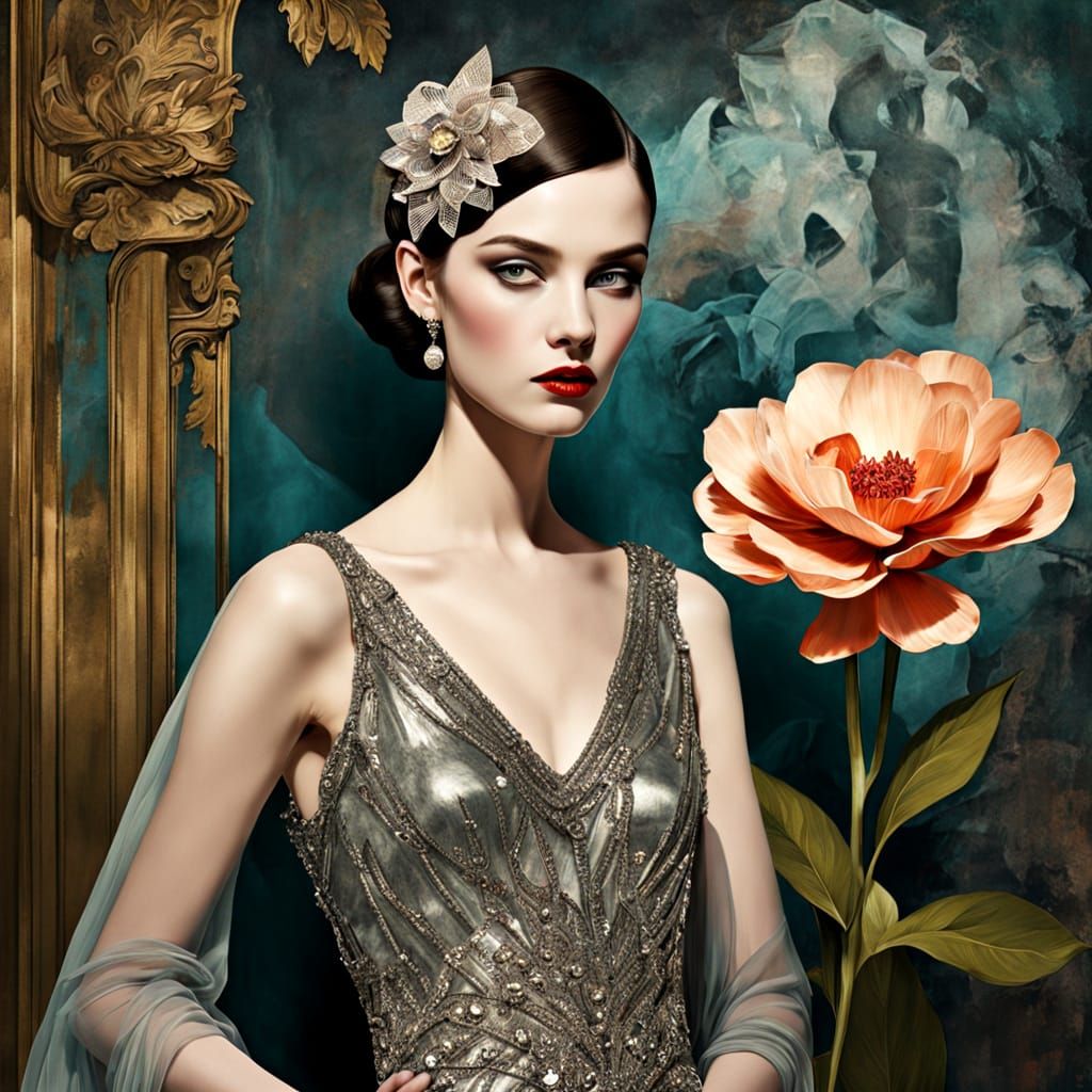 Glamorous Woman in Vintage Gown at Smoky Jazz Club