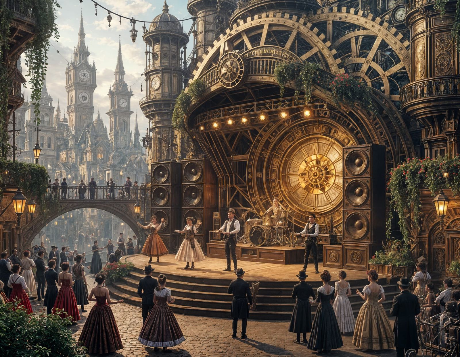 Steampunk City Festival with Dancers and Dirigibles