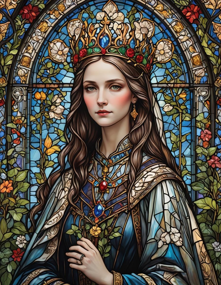 Regal Woman Portrait in Gothic Stained Glass
