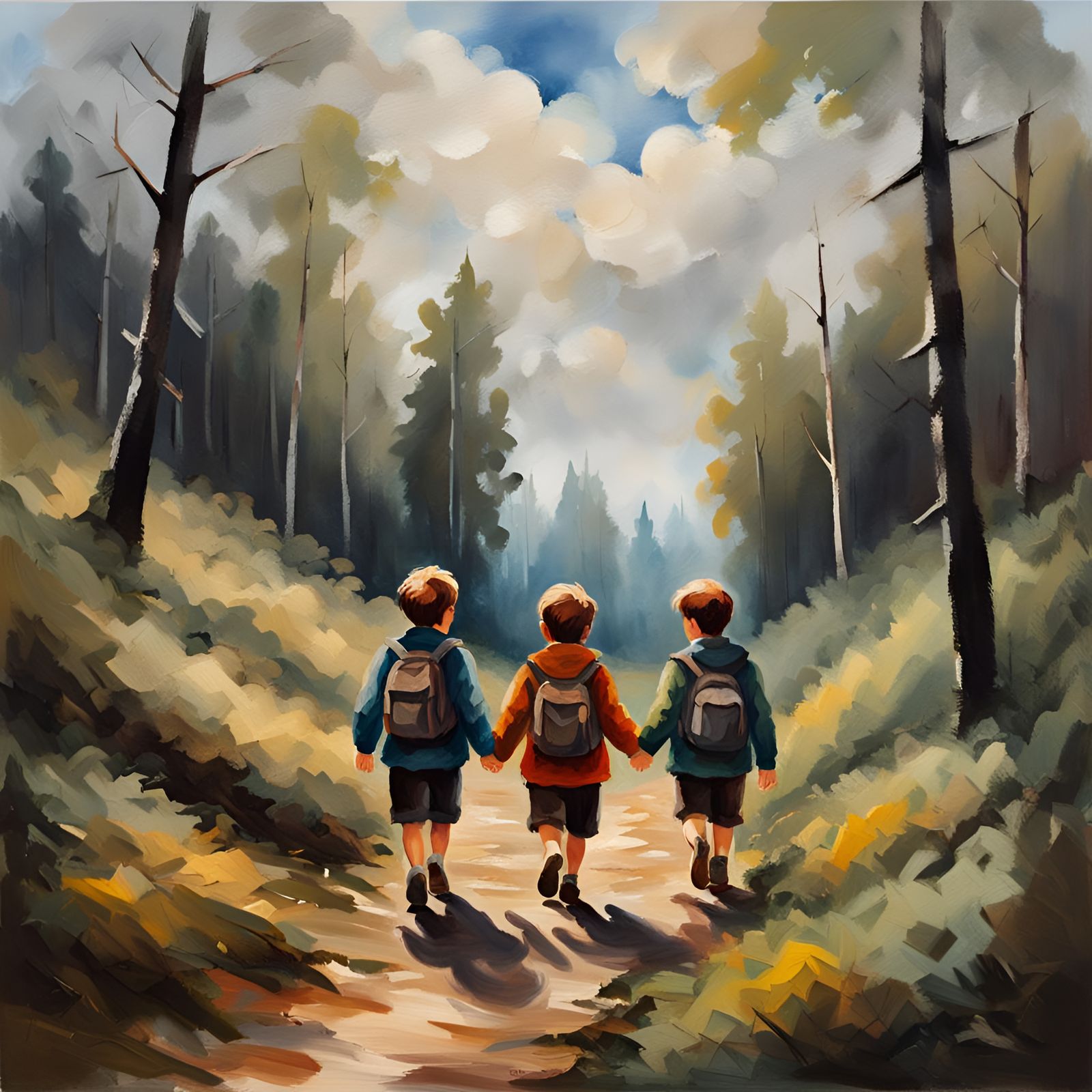 Boys Walking in Forest, Oil Painting Style