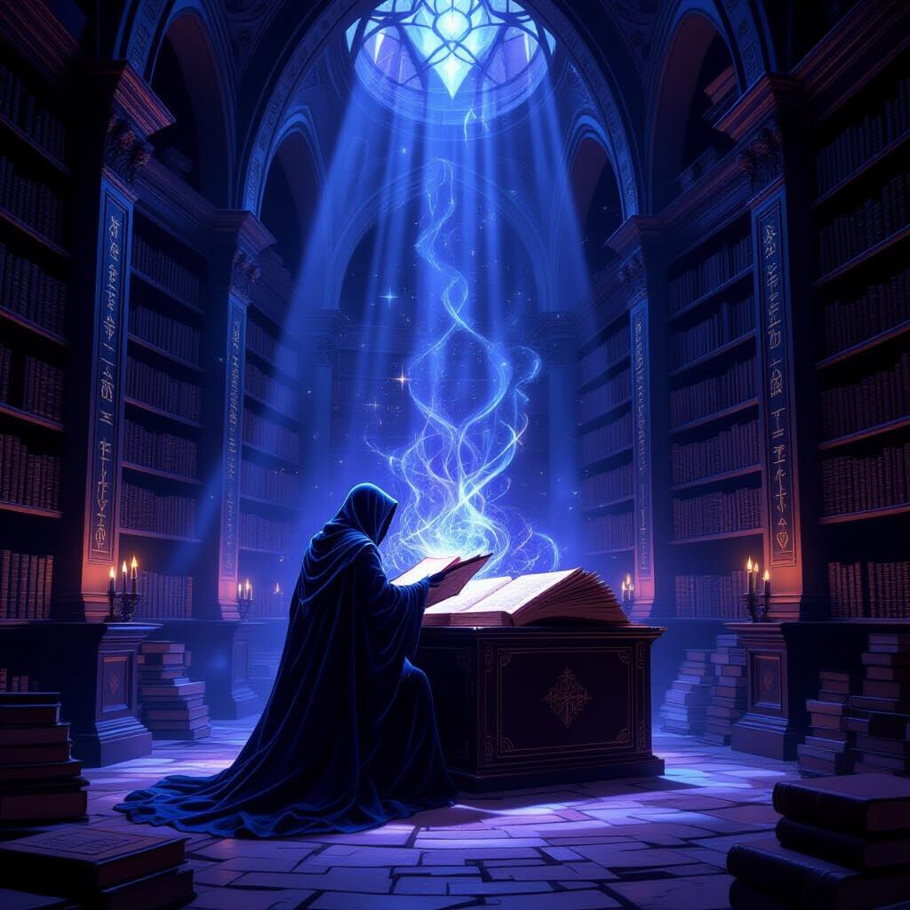Spectral Librarian in Ancient Library with Glowing Runes