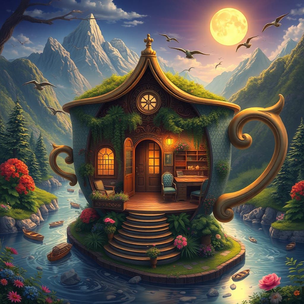 Whimsical Teacup House in Lush Environment