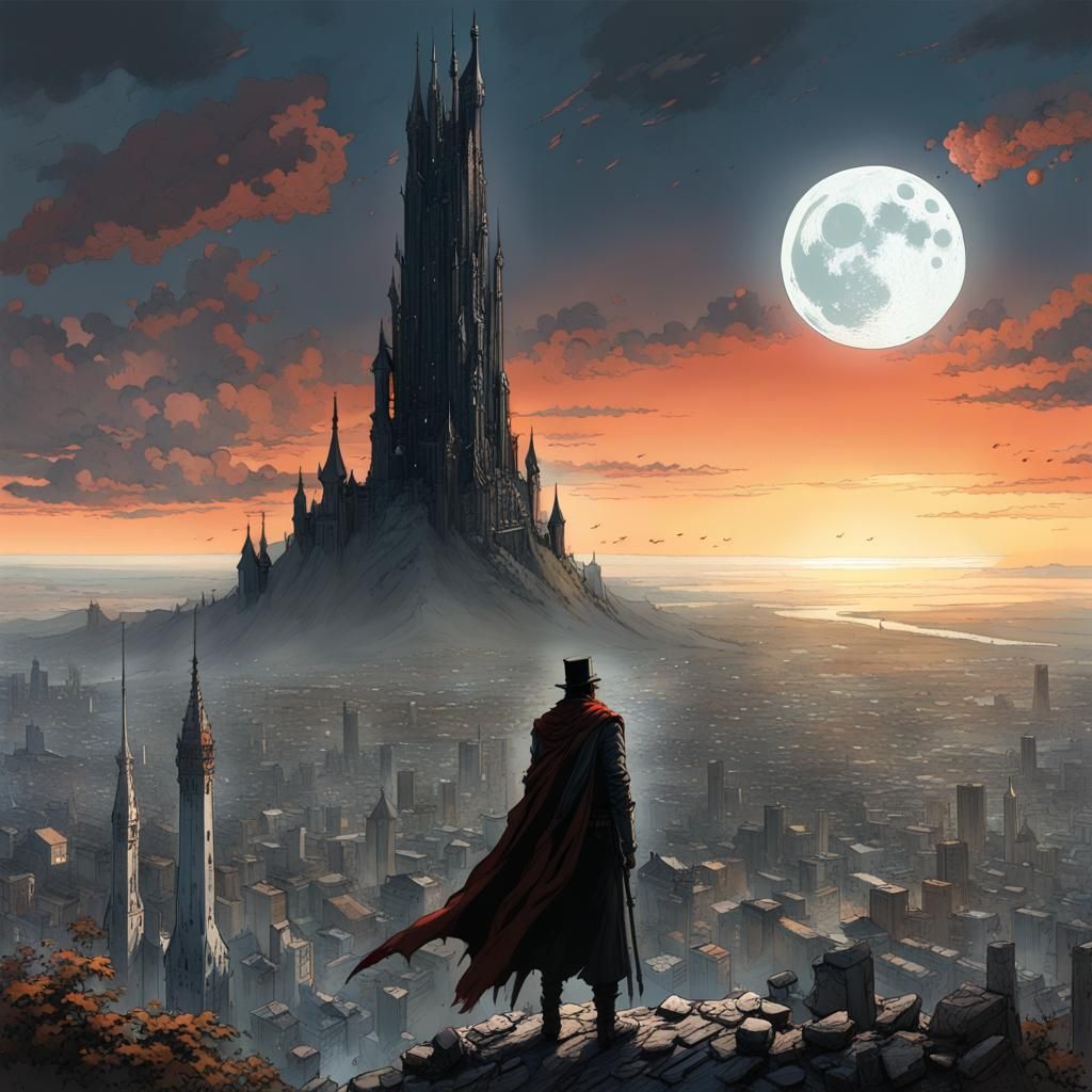 Dark Tower and White Moon in Digital Art