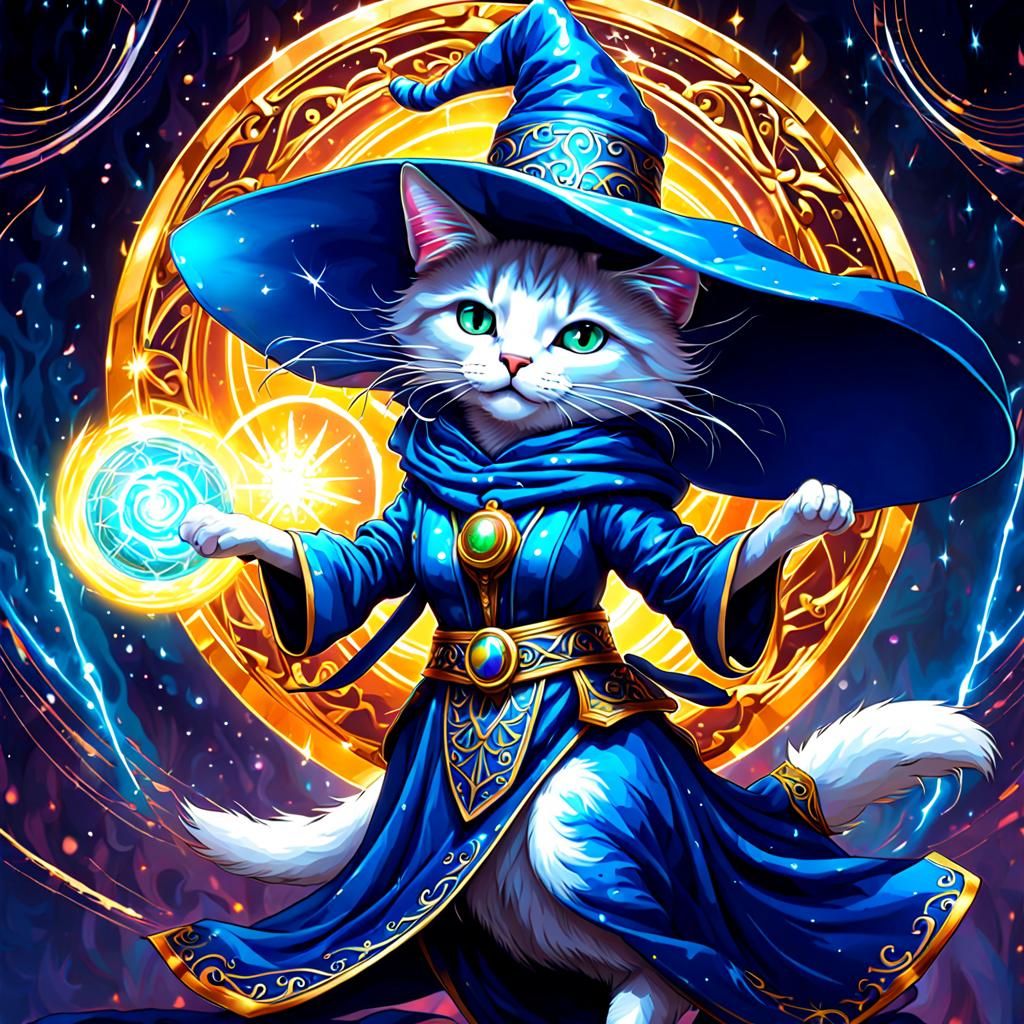 Dynamic Wizard Cat Swirling Electric Energy