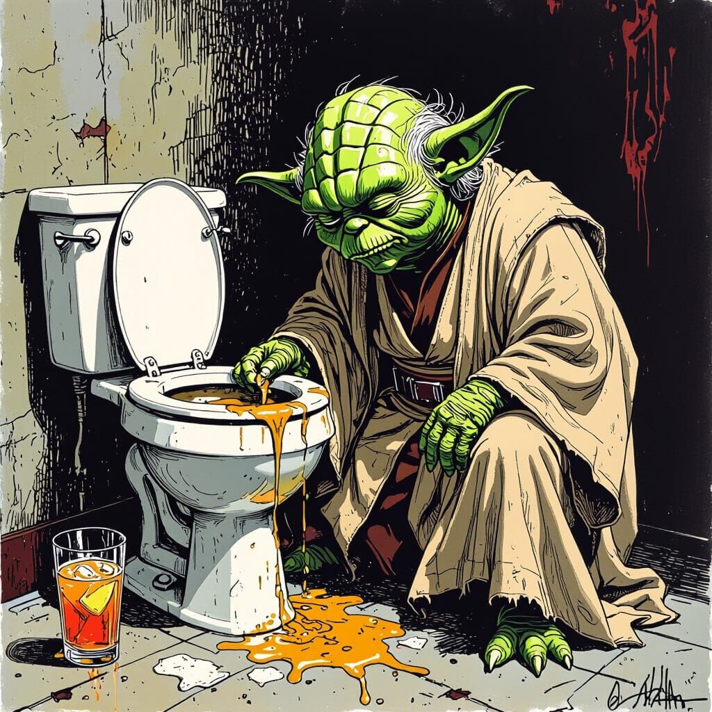 Yoda's Rough Night: A Steadman-esque Scene