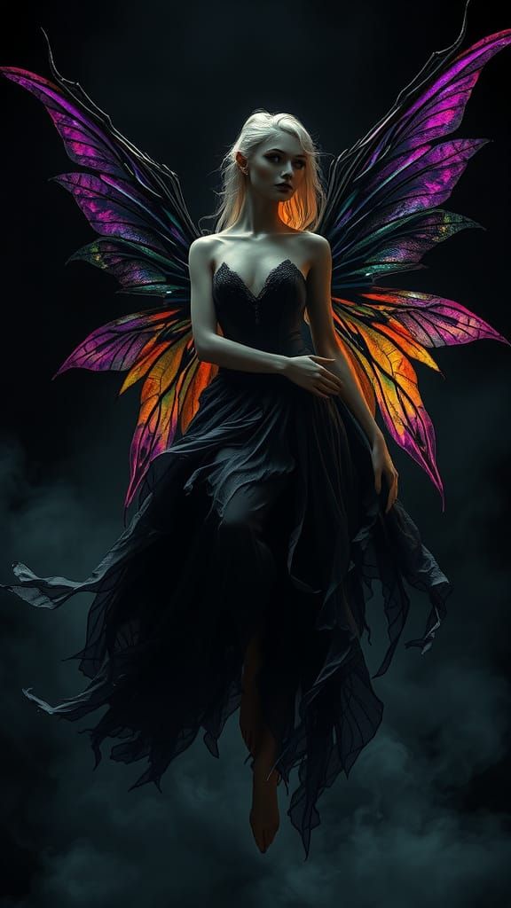 Gothic Fairy in Smoky Gown with Rainbow Wings