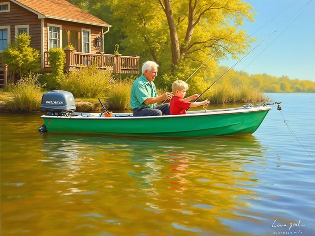 Grandfather and Grandson Fishing at Golden Hour Sunset