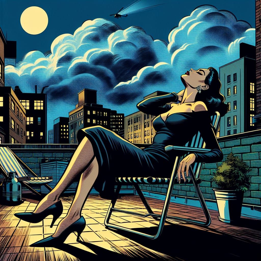 Mid-Century Comic Book Style Woman on Rooftop Patio at Night