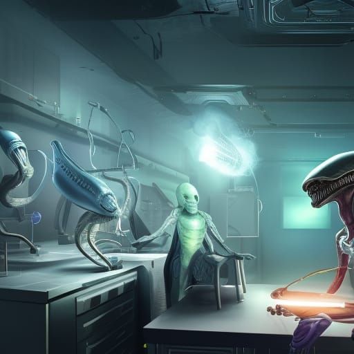 Alien Doctor Operating on Human: Detailed Matte Painting