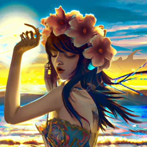 Woman with Flowers by the Sea, Hyperdetailed Portrait