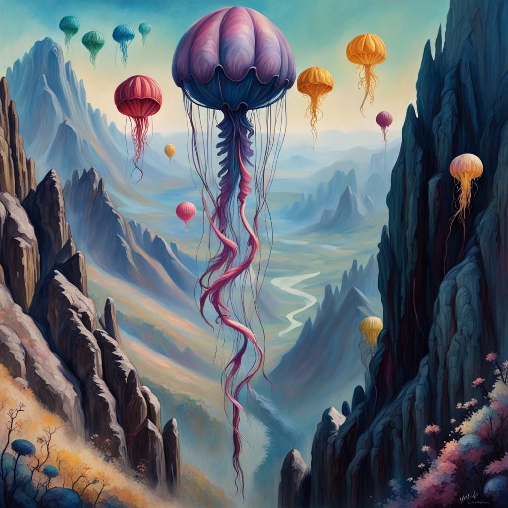 Jellyfish Balloons Over Mountains in Gothic Acrylic Style