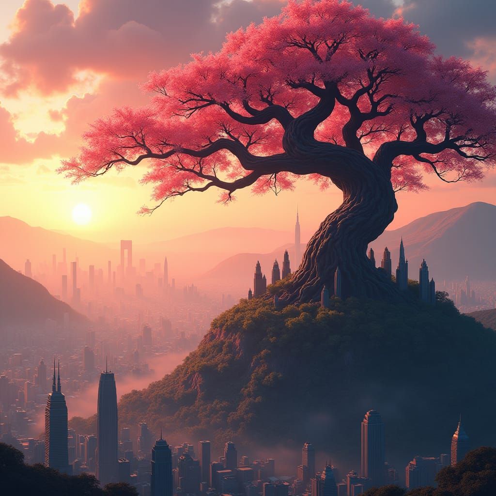 Metropolis Atop Cherry Tree in Sunset Glow
