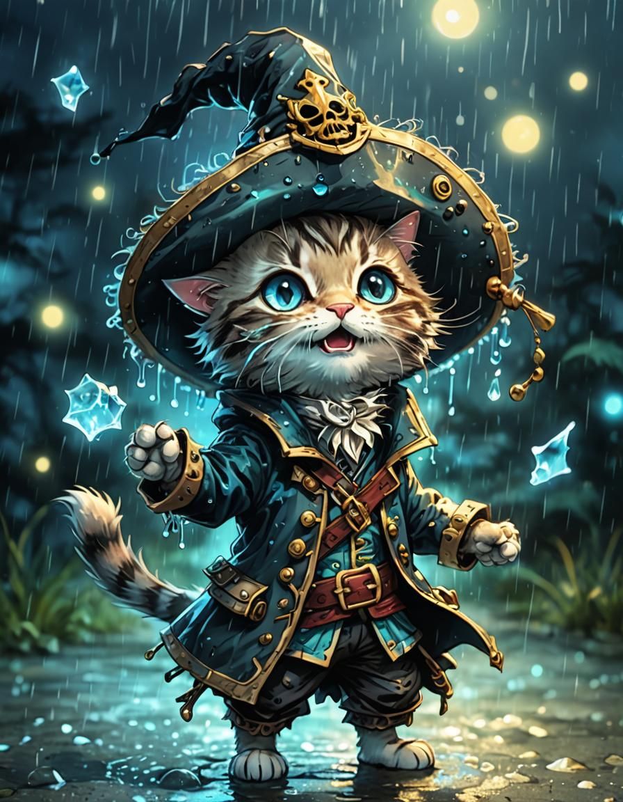 A chibi kittycat with a big pirat hat on and is dansing in l...