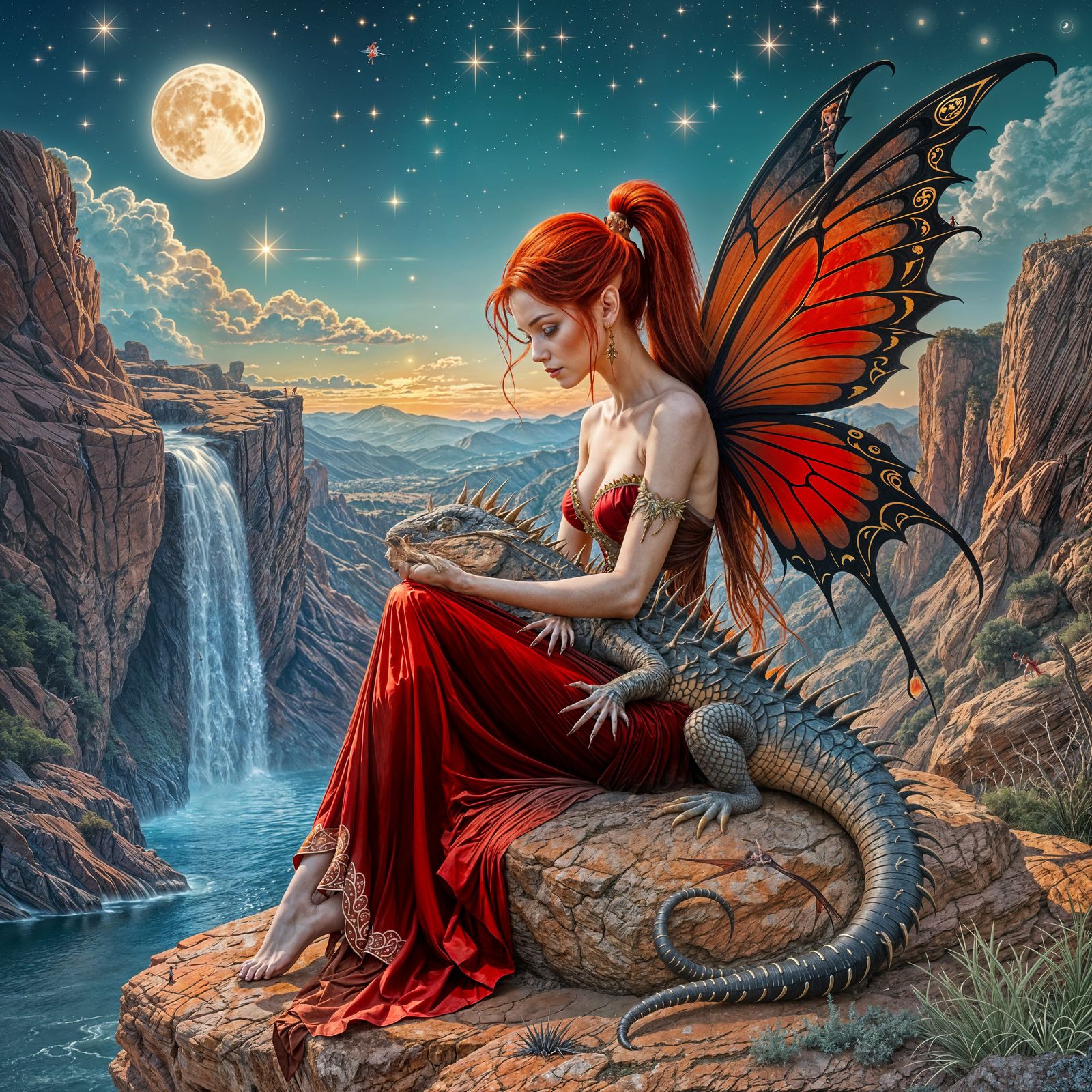 Red Fairy with Black and Gold Wings in Desert Night