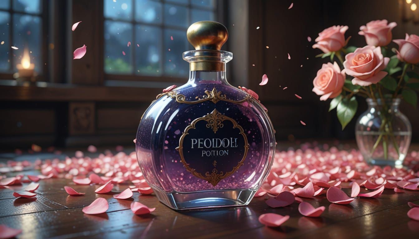 Exquisite Anime-Style Glass Bottle of Beauty Potion in 8K Re...