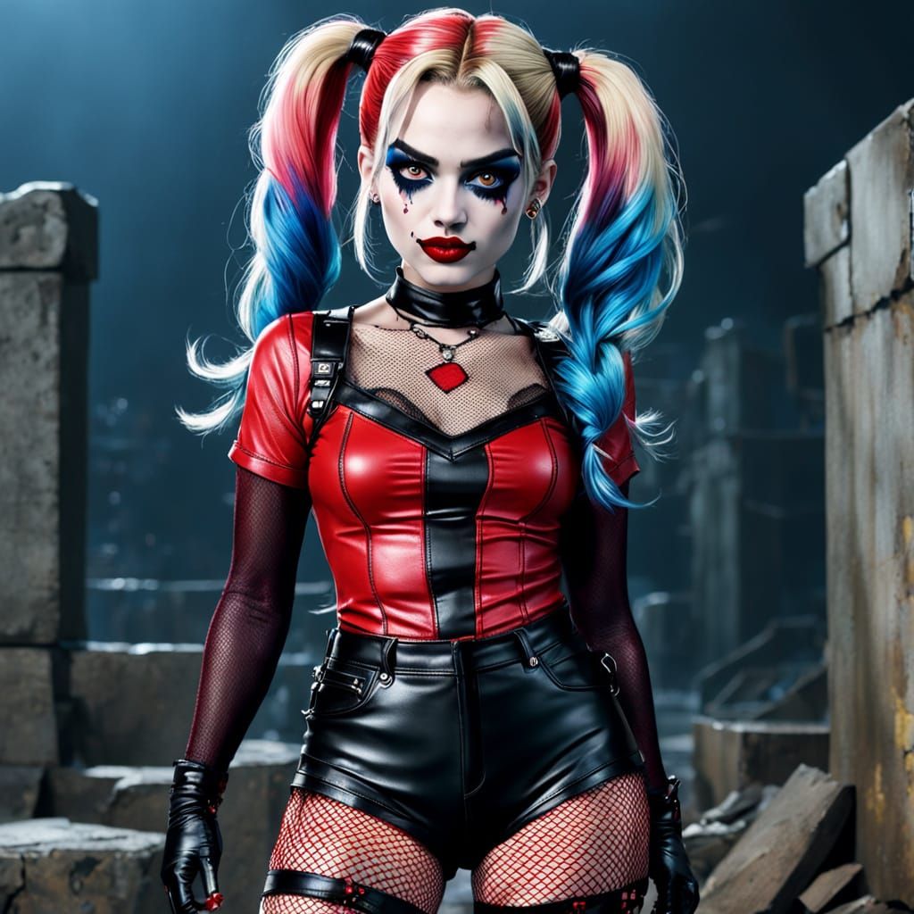 Harley Quinn in Red and Black Leather Outfit