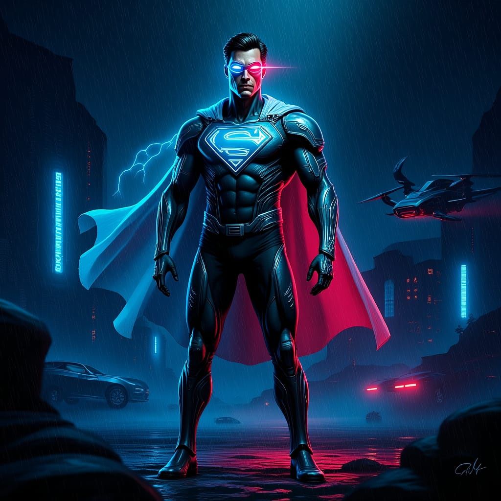 Cyberpunk Superman in Neon Exosuit Above Megacity
