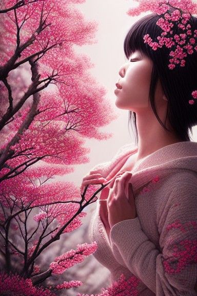 Serene Japanese Woman in Cherry Blossoms: Hyperrealistic Pho...