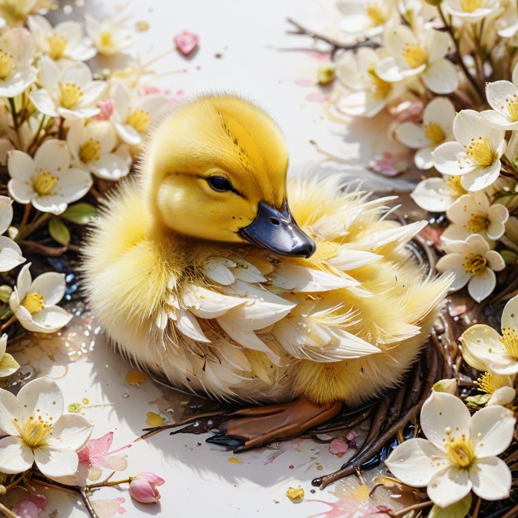 Baby Duckling Sleeping in Dogwood Blossoms, Watercolor Art
