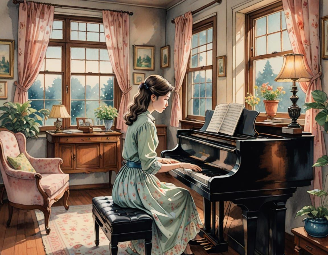 Charming Lady Plays Piano in Cozy Vintage Living Room