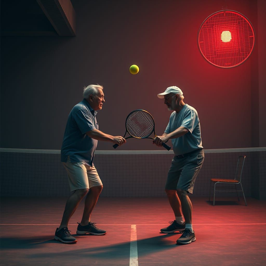 Hyperrealistic Dystopian Tennis Scene in a Mystic Studio