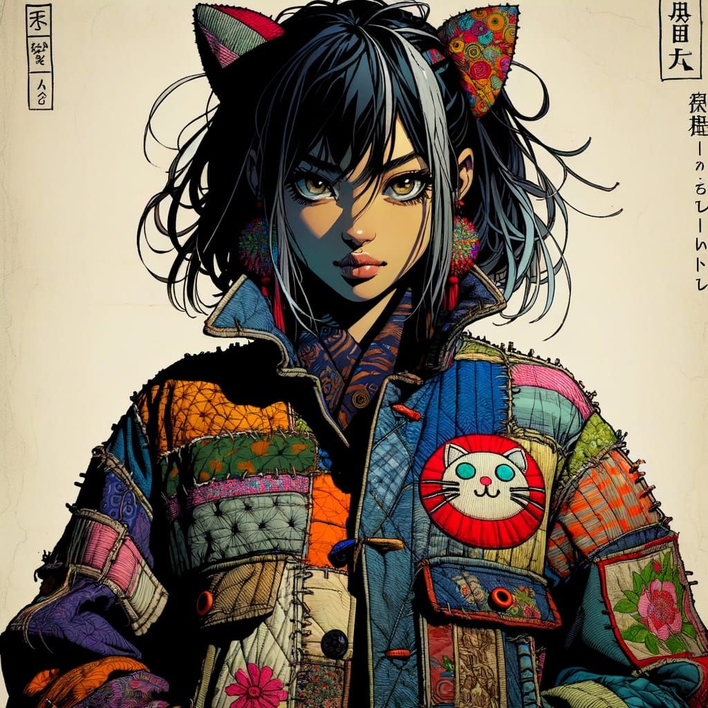 Japanese Woman in Boro Jacket with Manga Flair