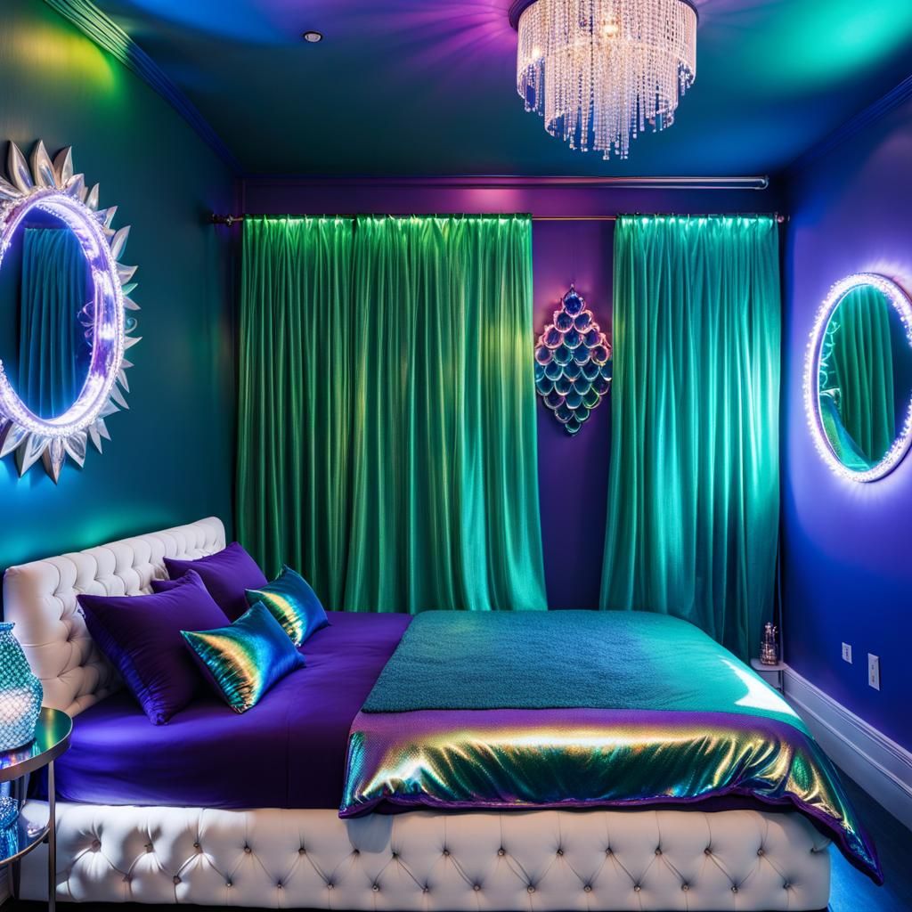 Iridescent Mermaid bedroom with iridescent blue walls with iridescent green accents& iridescent purple accents& sliver w...