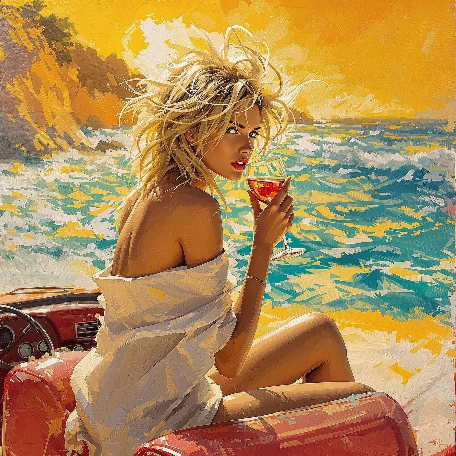 Golden Riviera Goddess in Vibrant Brushstrokes