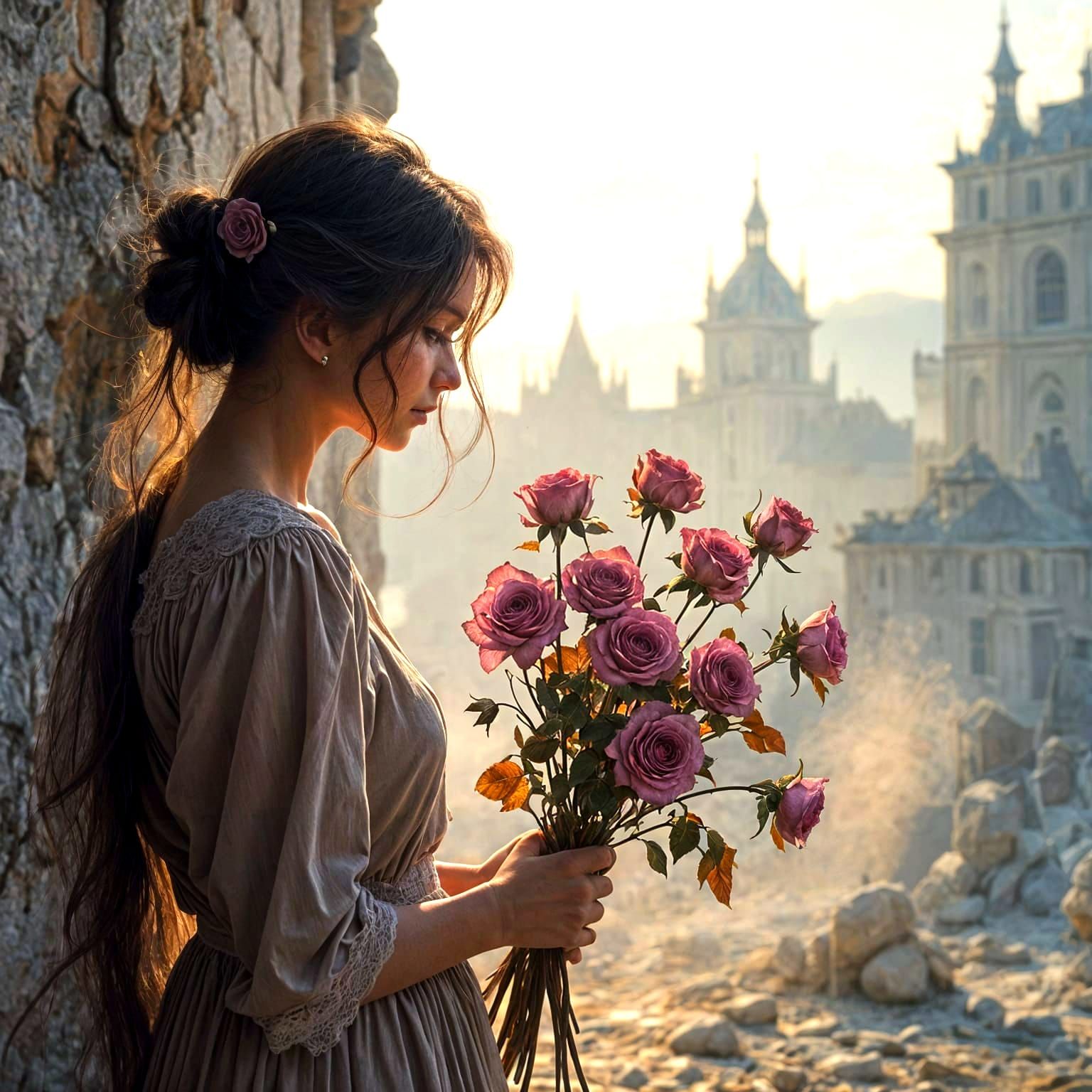 Melancholy Woman With Crumbling Roses in Epic Concept Art