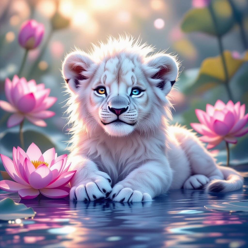Rainbow Glitter Lion Cub in Dreamy Lotus Garden