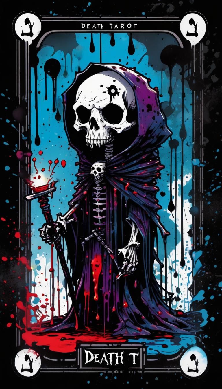 Ink Splatter Chibi Death Tarot Card in 2D